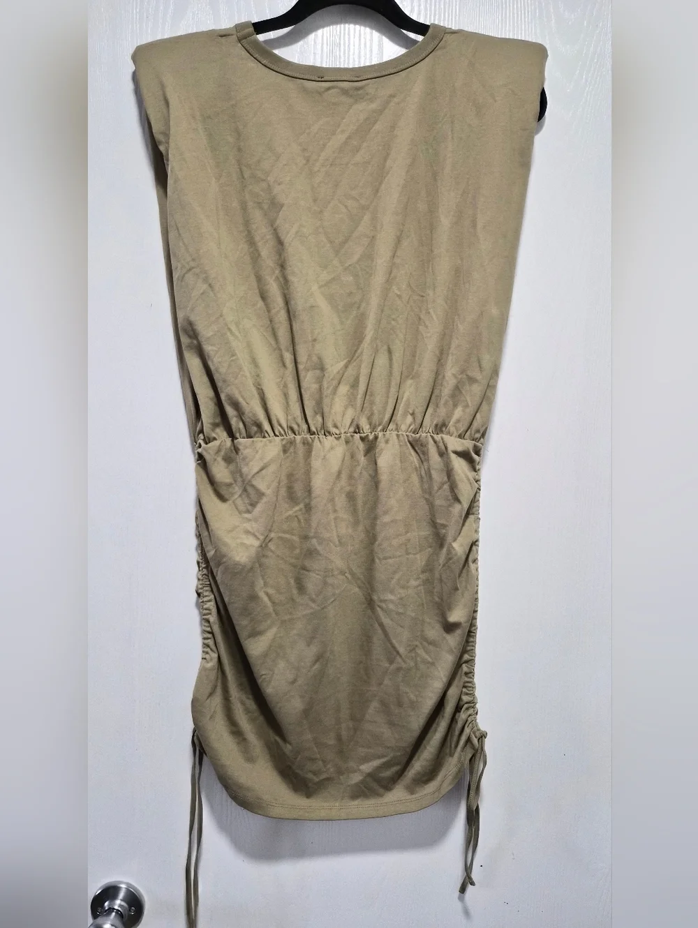 Nwt Bardot Toni Olive Green Shoulder Pad Mini Dress Ruched Sides Size M - Picture 6 of 8